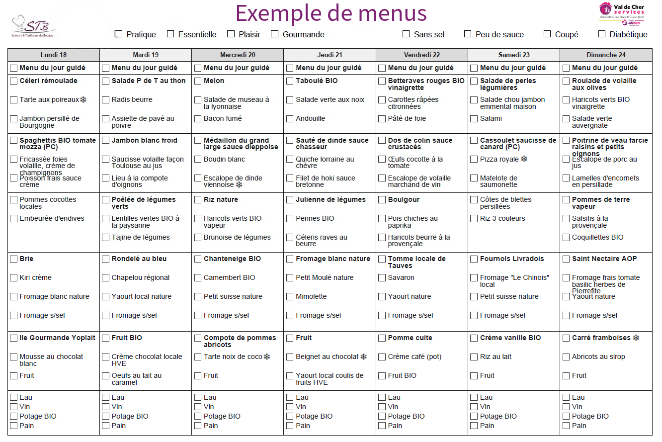 Exemple de menus — Service portage de repas Val de Cher Services